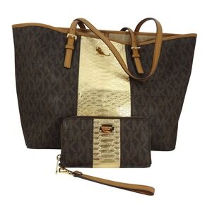 Michael Kors Jet Set Gold Snakeskin Embossed Travel Tote and Matching Wristlet